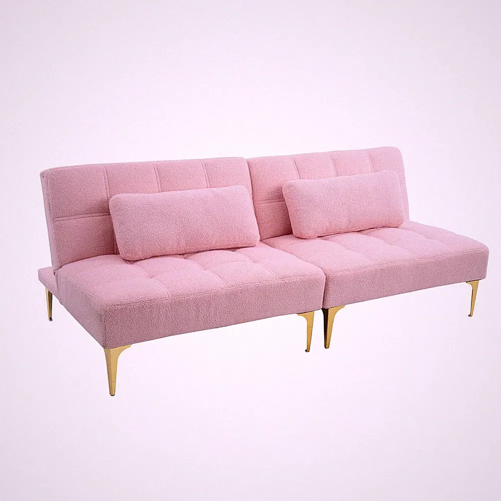 71" Convertible Recliner Sofa Bed Futon Gold Legs Teddy Pink 3-Seater
