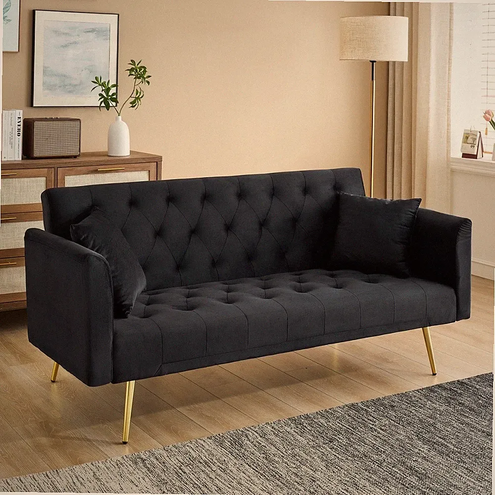 71"foldable double sofa of black velvet material for small living rooms offices