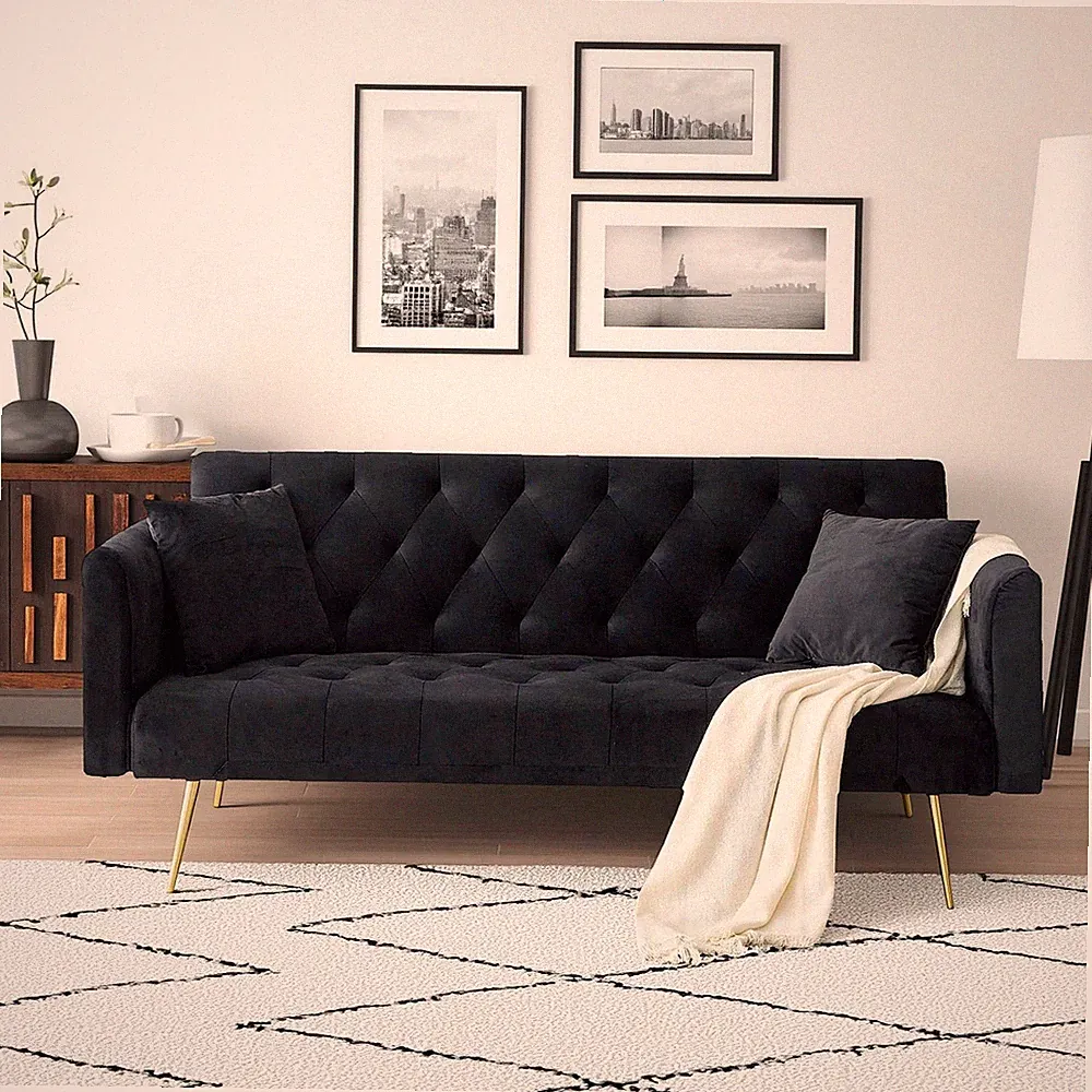 71-inch foldable double sofa,with American retro style,made of black velvet mate