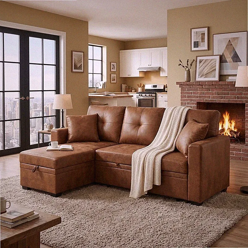 71 Inch L-Shaped Sectional Sleeper Sofa with Pull-Out Bed Storage Light Brown