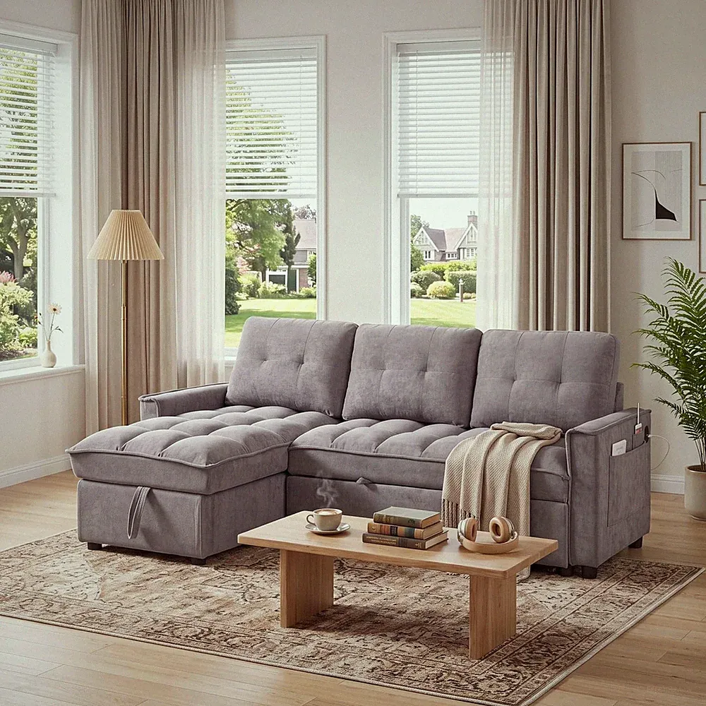 71" L-Shaped Convertible Sleeper Sectional Sofa with Pull Out Sleeper Couch Bed