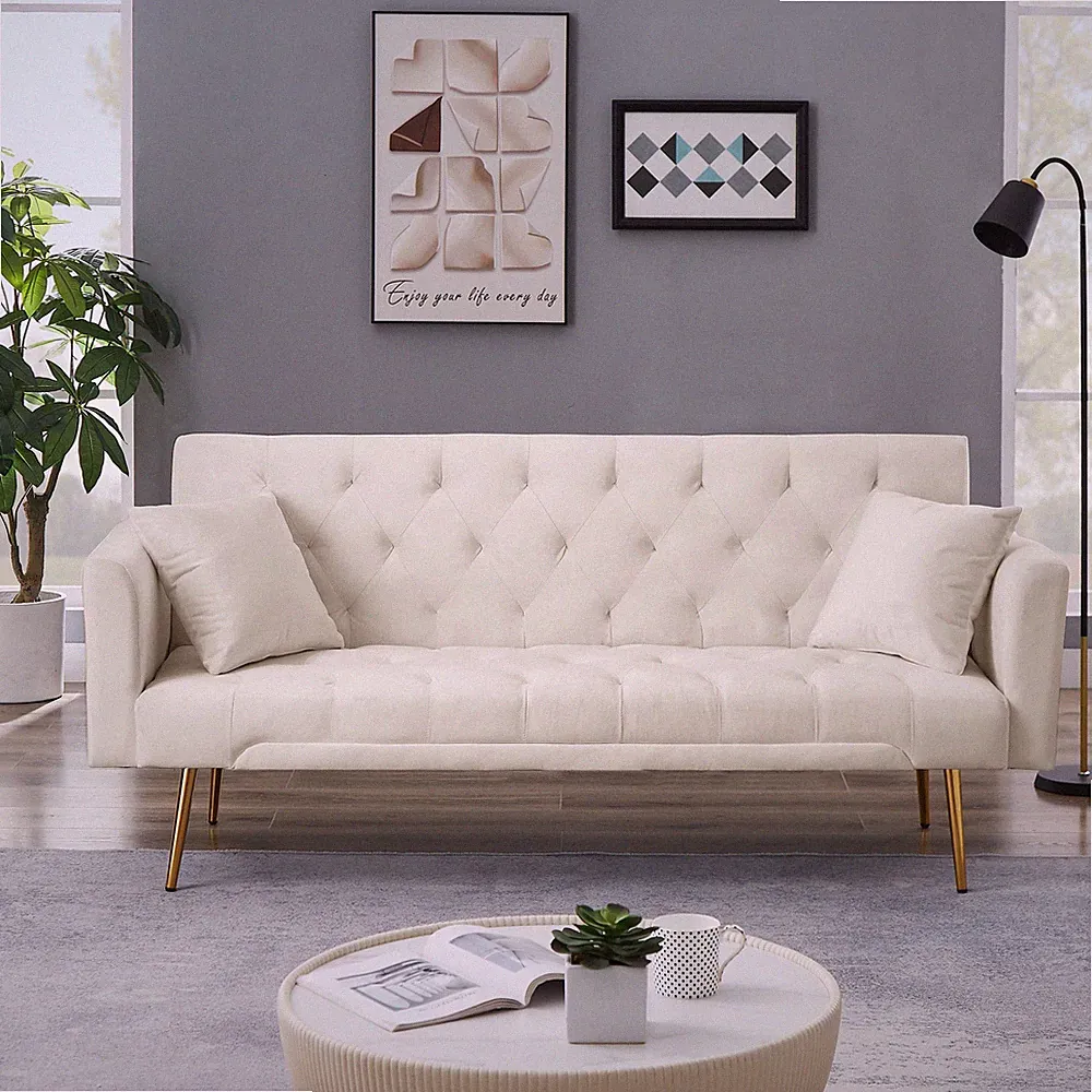 71" Modern Classic Velvet Futon Sofa Bed Gold Adjustable Backrest Convertible