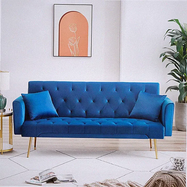 71" Modern Tufted Velvet Futon Sofa Bed Blue Adjustable Backrest Folding