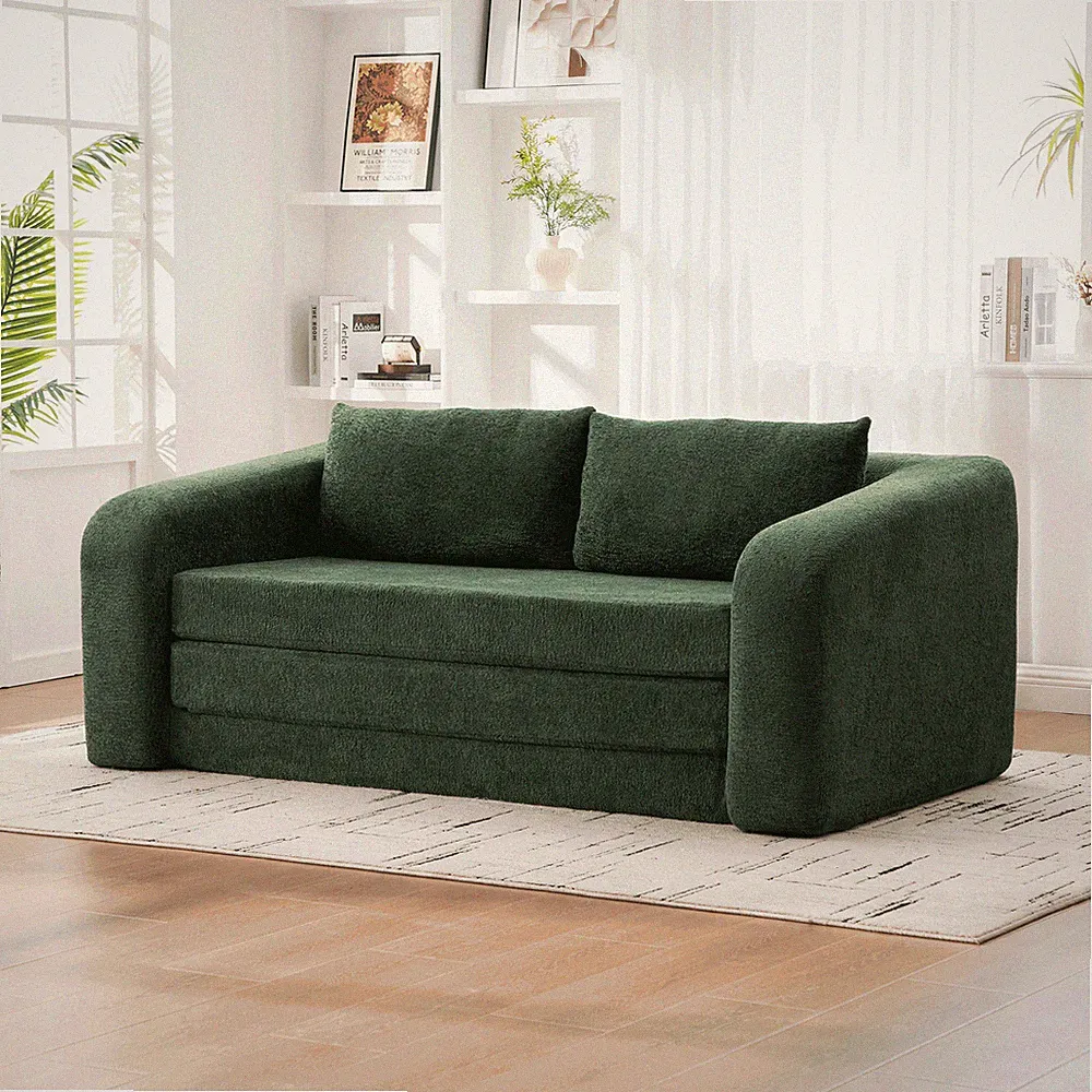 71" Pull Out Foldable Loveseat Sofa Bed with Pillows, Green