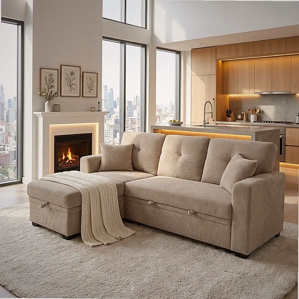 71" Sectional Sleeper Sofa with Pull Out Bed, L Shaped Sleeper Sofa with Reversi