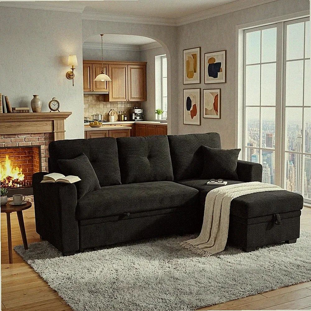 71" Sleeper L Shaped Sofa with Pull Out Bed, 3 Seater Sectional Sleeper Sofa wit
