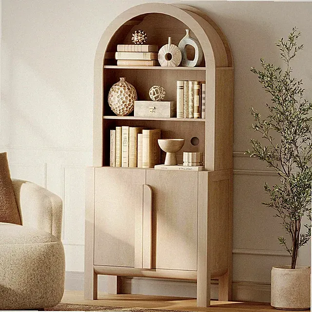 71" Tall Arched Bookcase 5-Tier 2 Doors Adjustable Shelves Farmhouse Beige