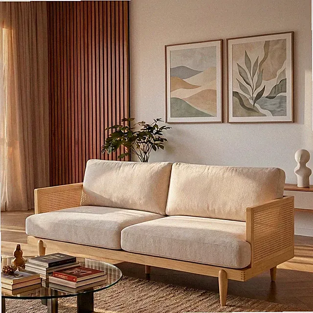 72" 3-Seater Boucle Sofa w/Square Arm, Cane Rattan, Natural Wooden Frame Couch