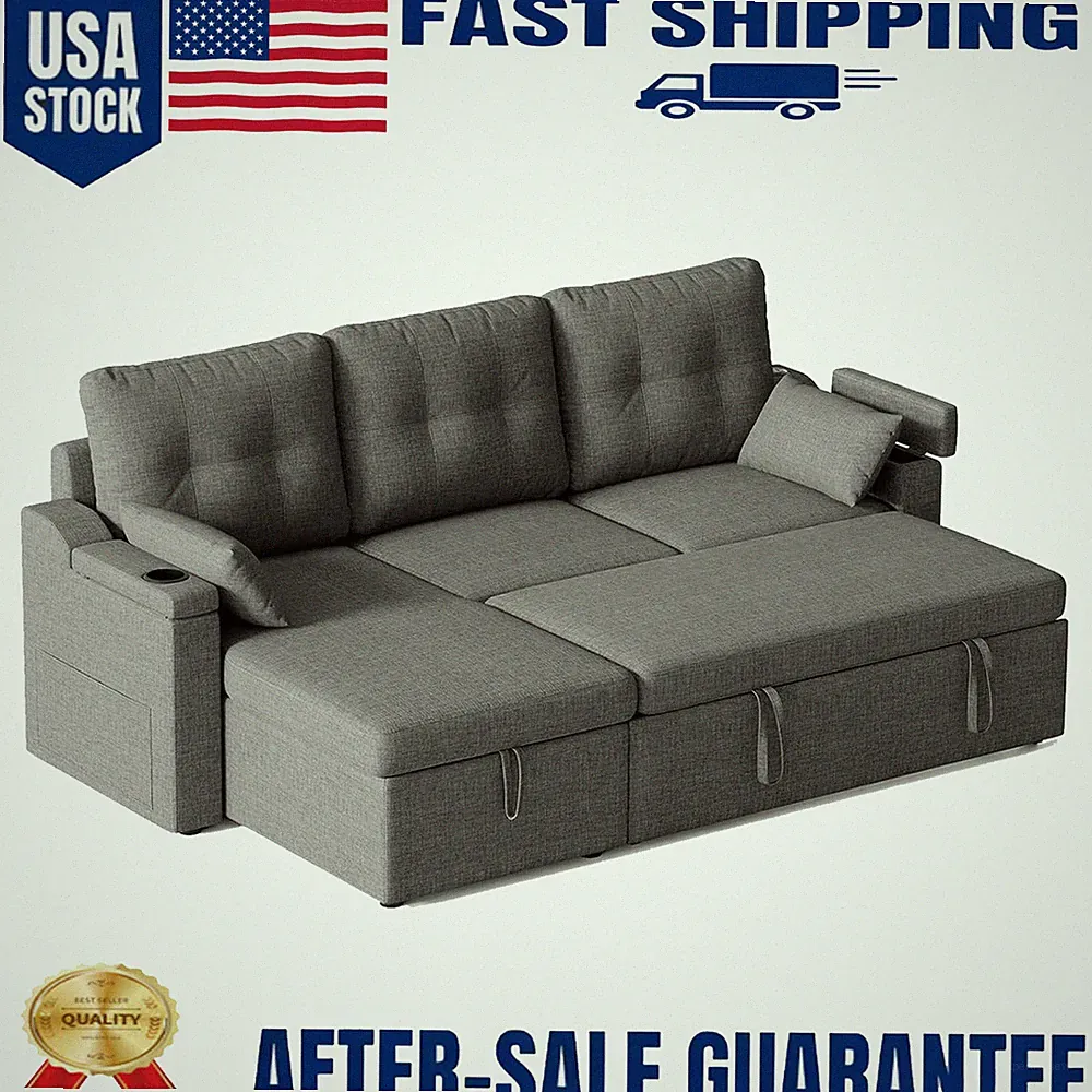 72.4" L-Shaped Convertible Sofa Bed 3-Seater Linen Fabric Sleeper Sectional Sofa