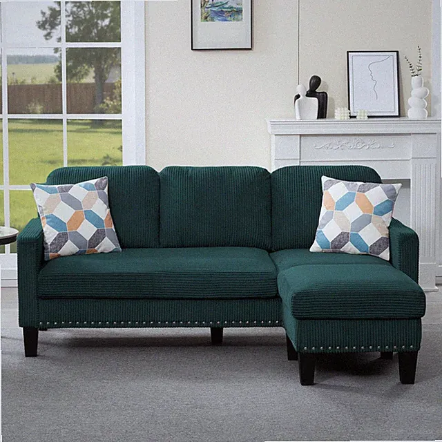 72.6" Green L-Shaped Sectional Sofa Reversible Ottoman Nailhead Trim w/2 Pillows