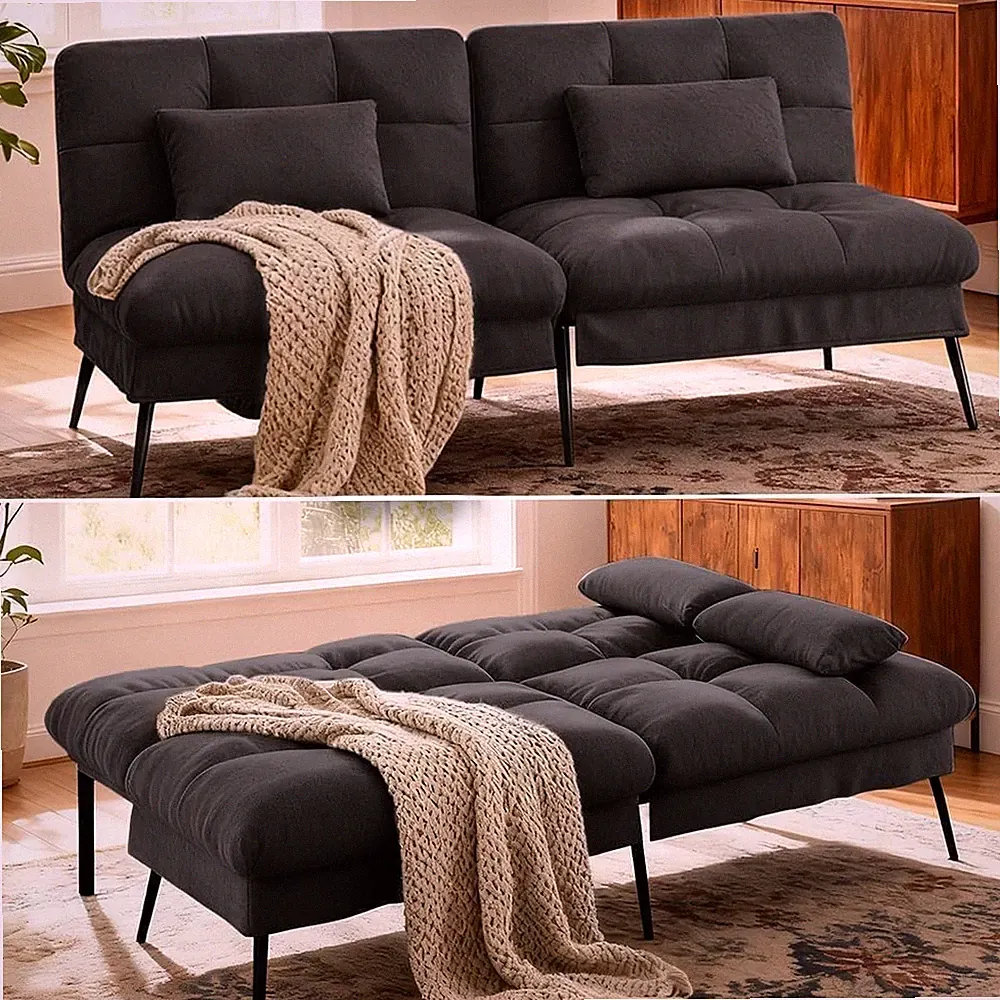 72″ Convertible Futon Sofa Bed, Adjustable Backrest, Black | Breathable Fabric