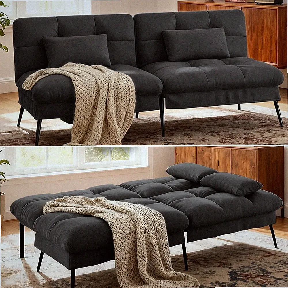72" Convertible Futon Sofa Bed Adjustable Backrest Black Sleeper Couch