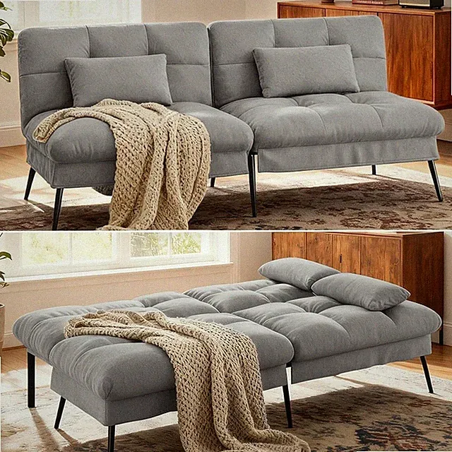 72″ Convertible Futon Sofa Bed Adjustable Backrest Grey