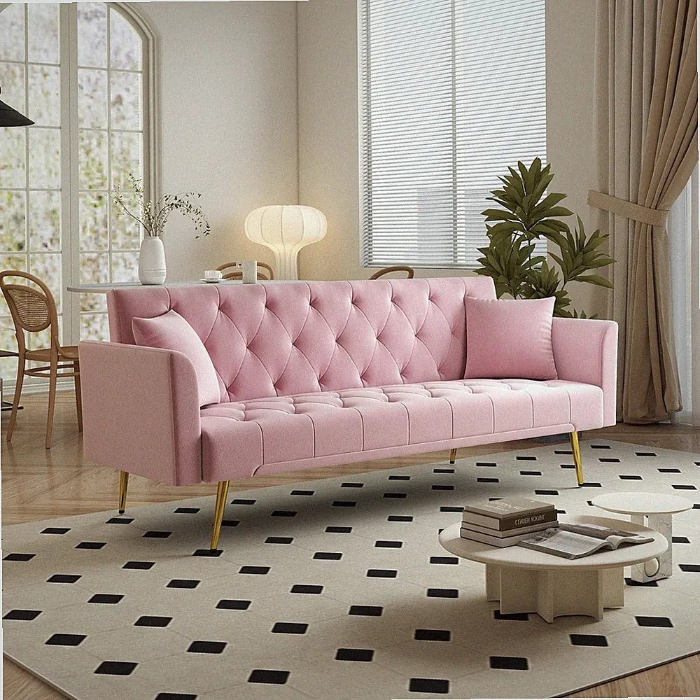 72" Convertible Sleeper Sofa Bed, Pink Velvet, American Traditional Style