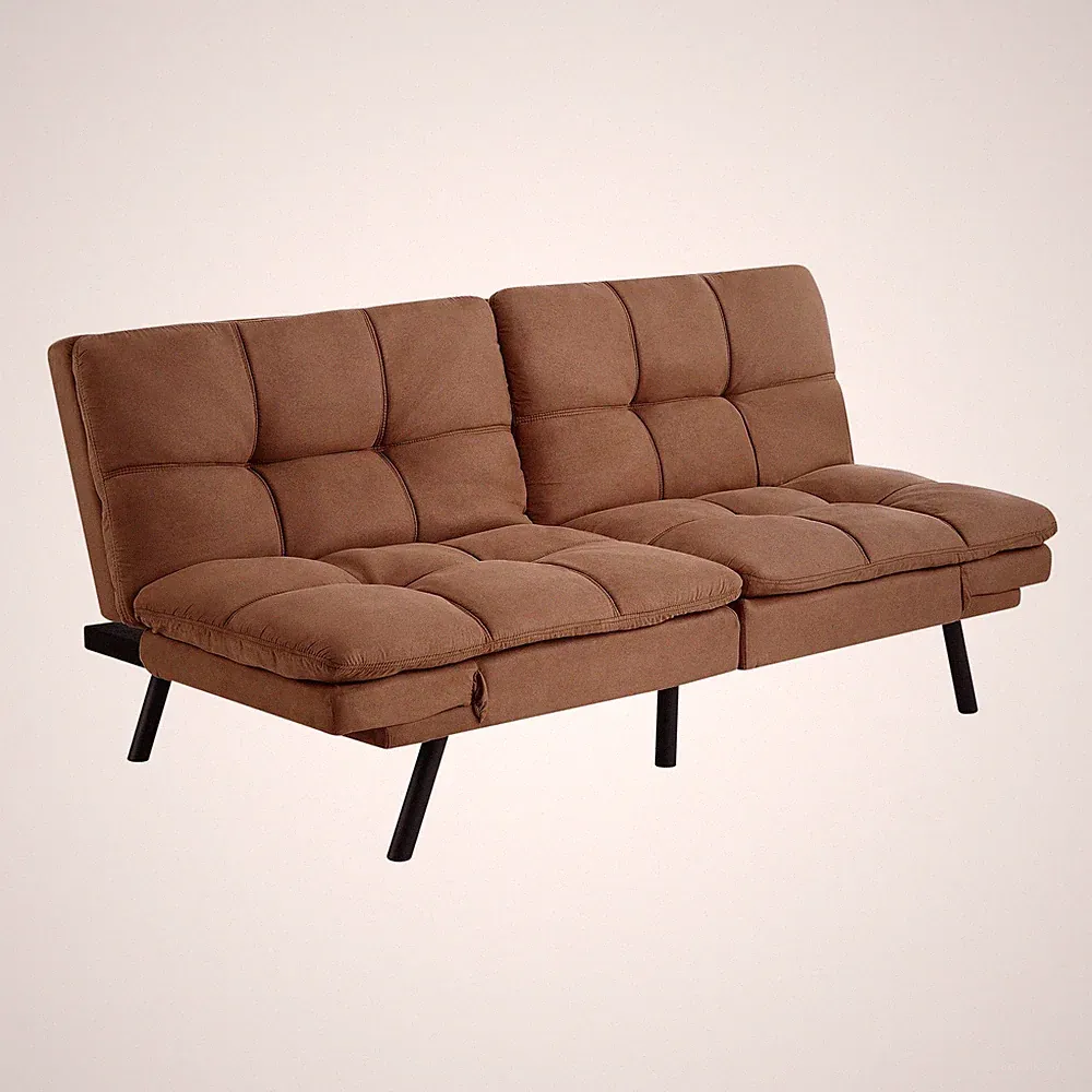 72" Futon in Memory Foam Sofa Bed Faux Suede Upholstery Camel Color