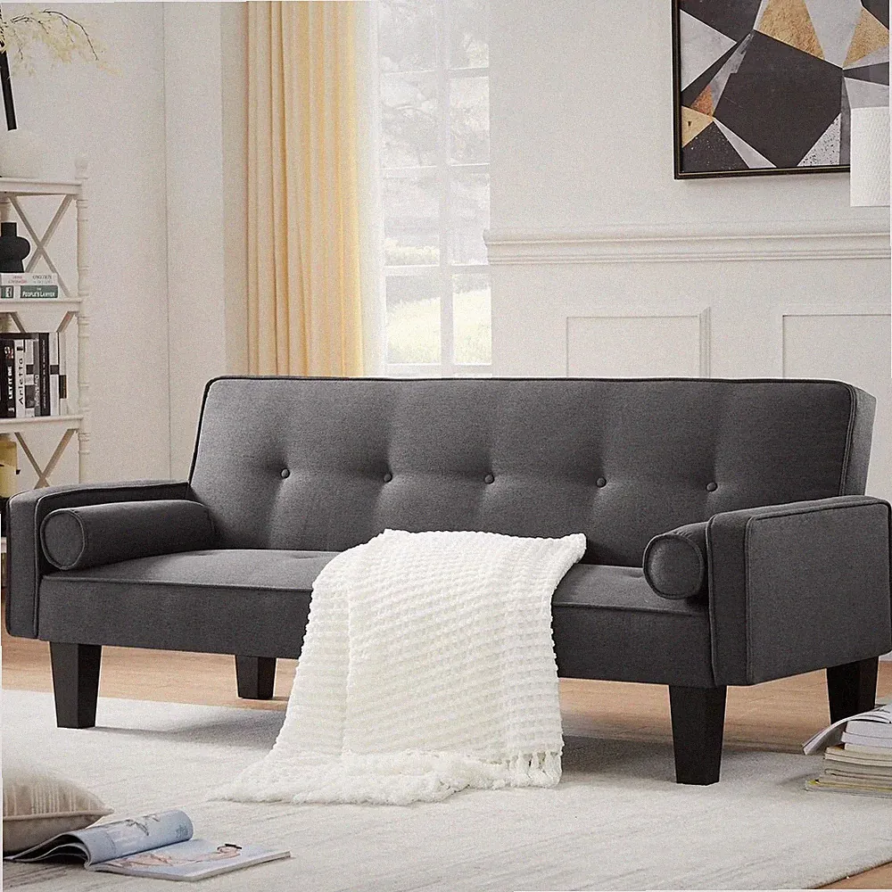 72" Futon Sofa Bed Upholstered Folding Couch Modern Twin Size Removable Armrests