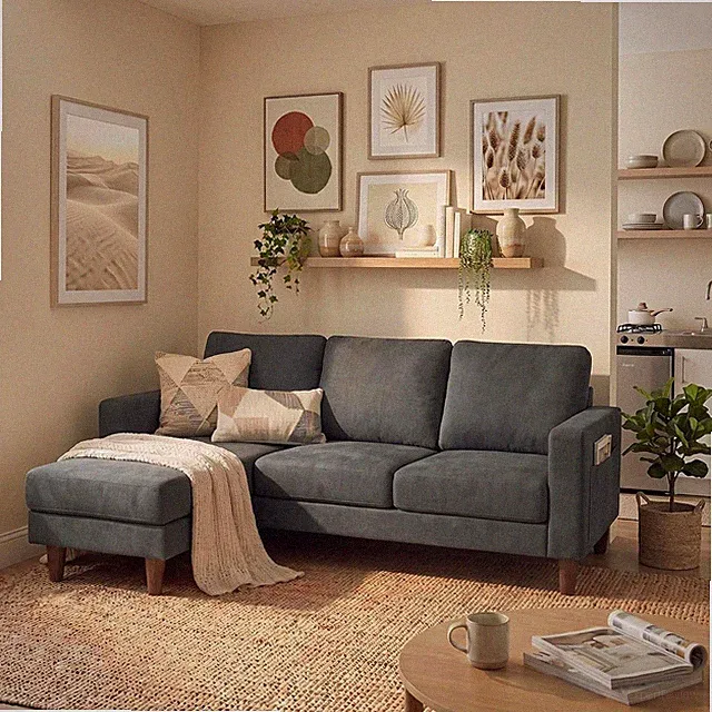 72 in L-Shaped Couch for Apartment Living Room Graphite Grey