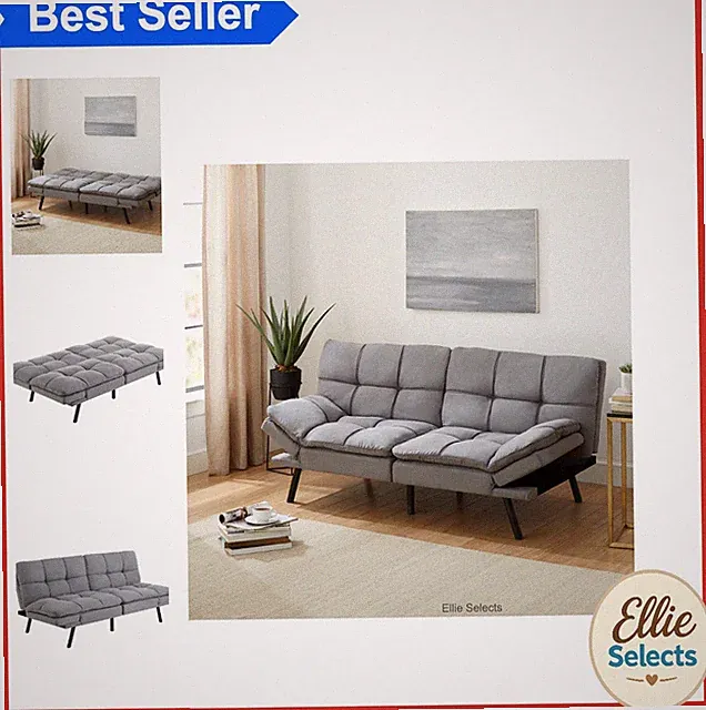 72 Inch Memory Foam Futon Sofa Bed Grey Adjustable Armrests 6 Metal Legs Solid