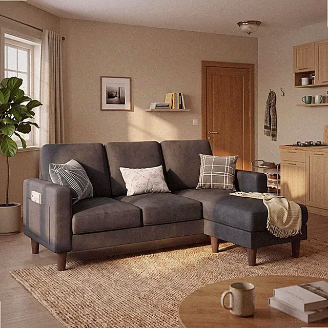 72" L Shaped Sofa Couches for Small Spaces Apartment Charcoal Gray Wood Frame