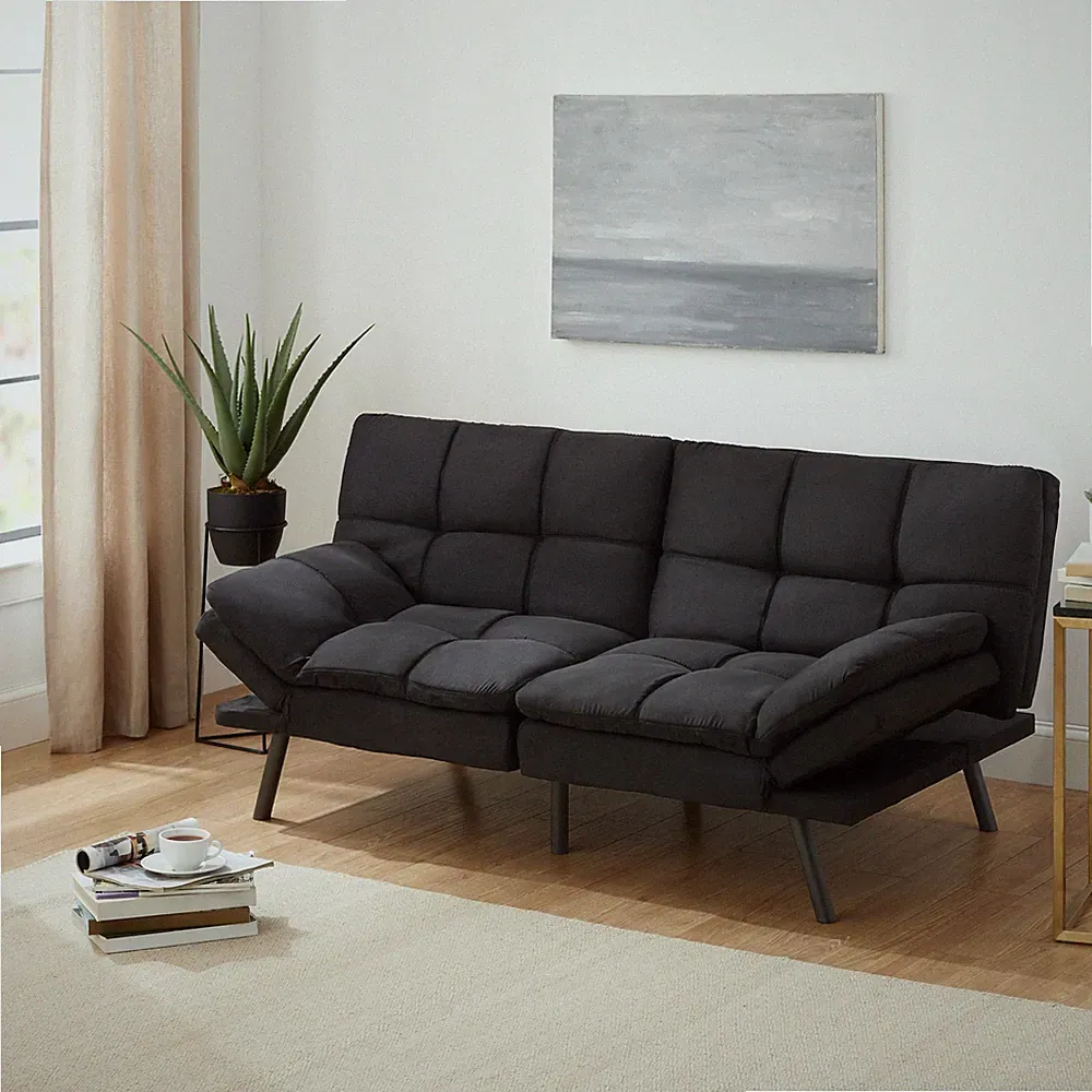 72" Modern Memory Foam Futon Sofa Bed Black Split-Back Adjustable Armrests