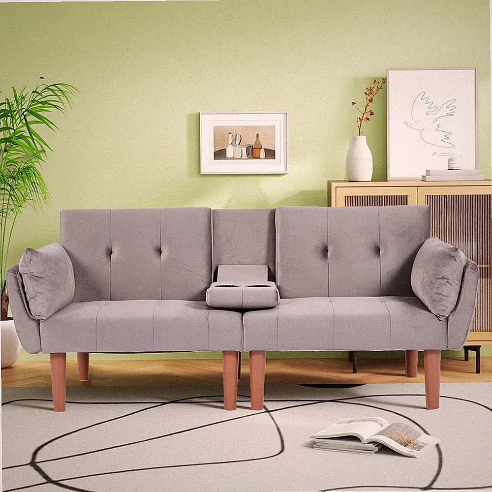 72" Modern Velvet Futon Sofa Bed Gray Adjustable Backrest Foldable Folding Couch