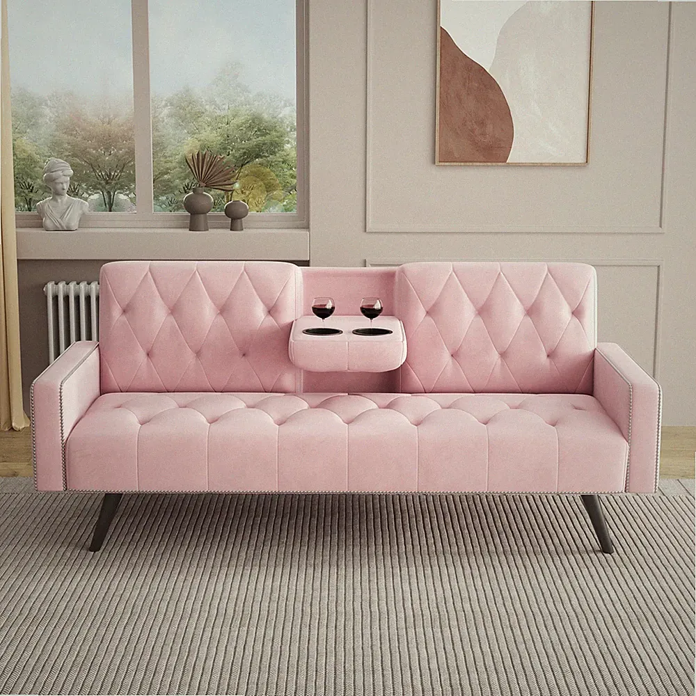 72" Pink Velvet Sofa Modern Sofa Bed Couch w/Two Cup Holders for Small Spaces