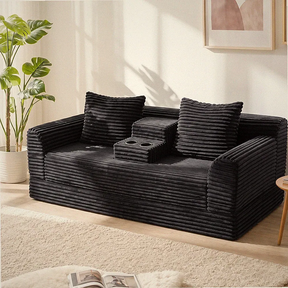72" Striped Corduroy Convertible Sofa Bed with Cup Holders & Pillows