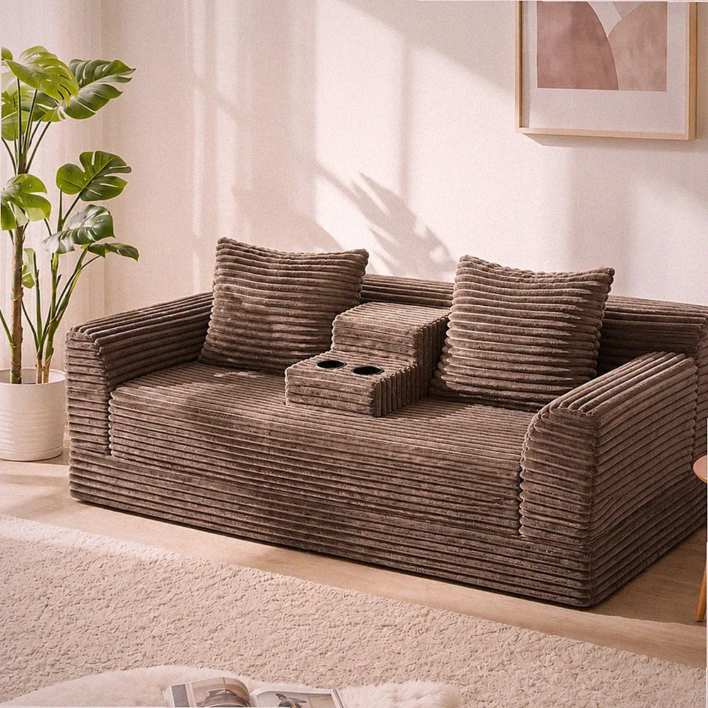 72" Striped Corduroy Sofa Bed, Coffee Fold Out Couch with Cup Holders