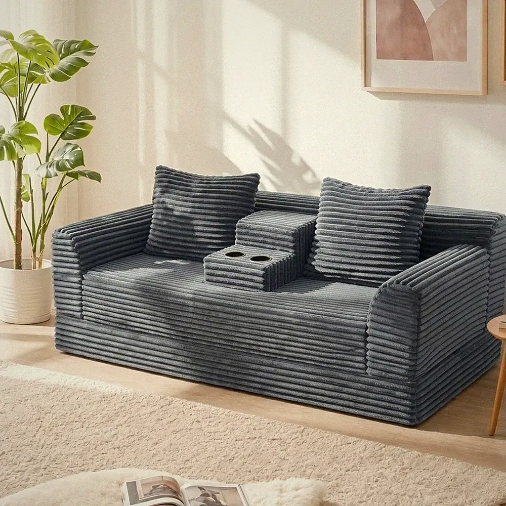 72" Striped Corduroy Sofa Bed, Dark Gray Fold-Out Couch with Cup Holders