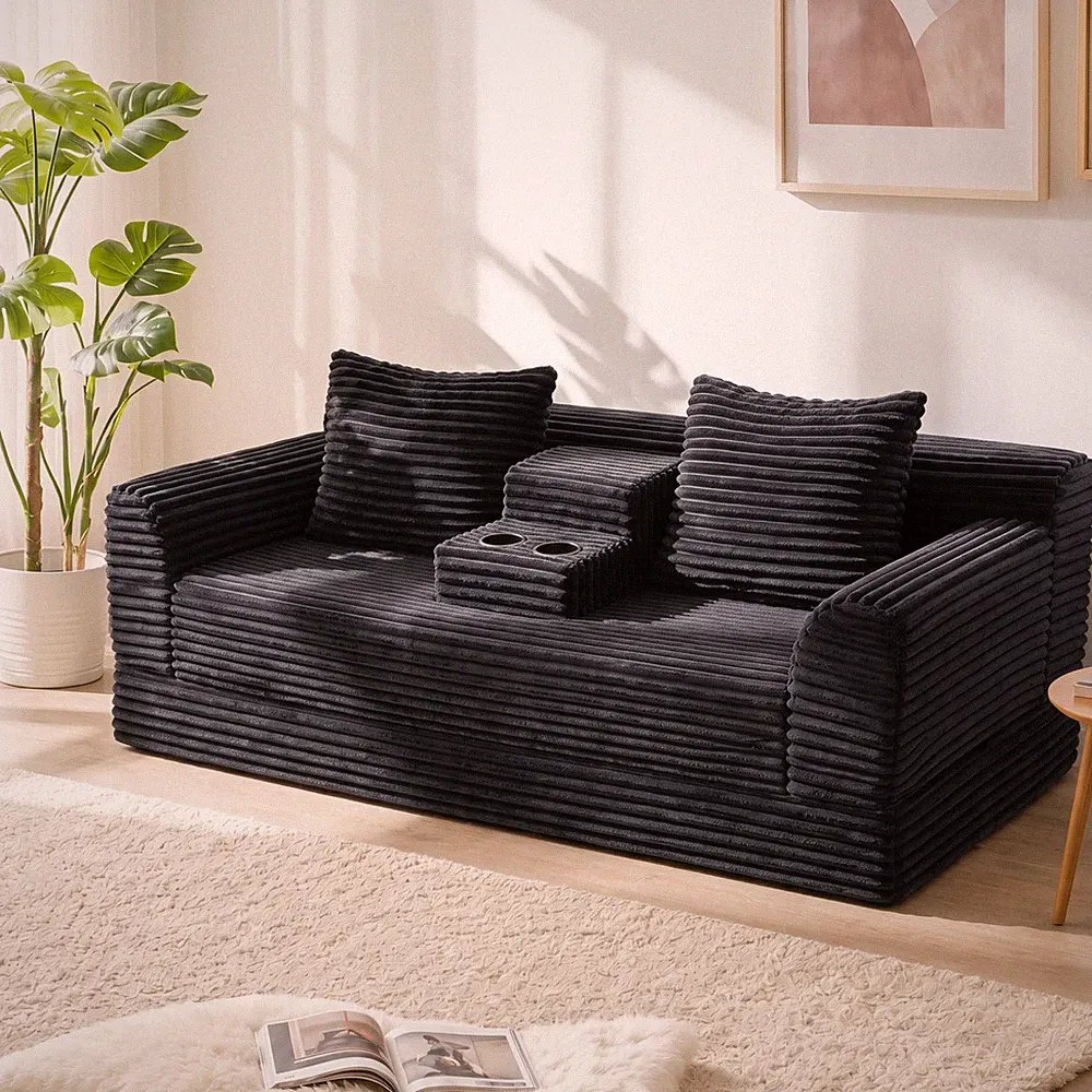 72" Striped Corduroy Sofa Bed with Cup Holders & Pillows, California King