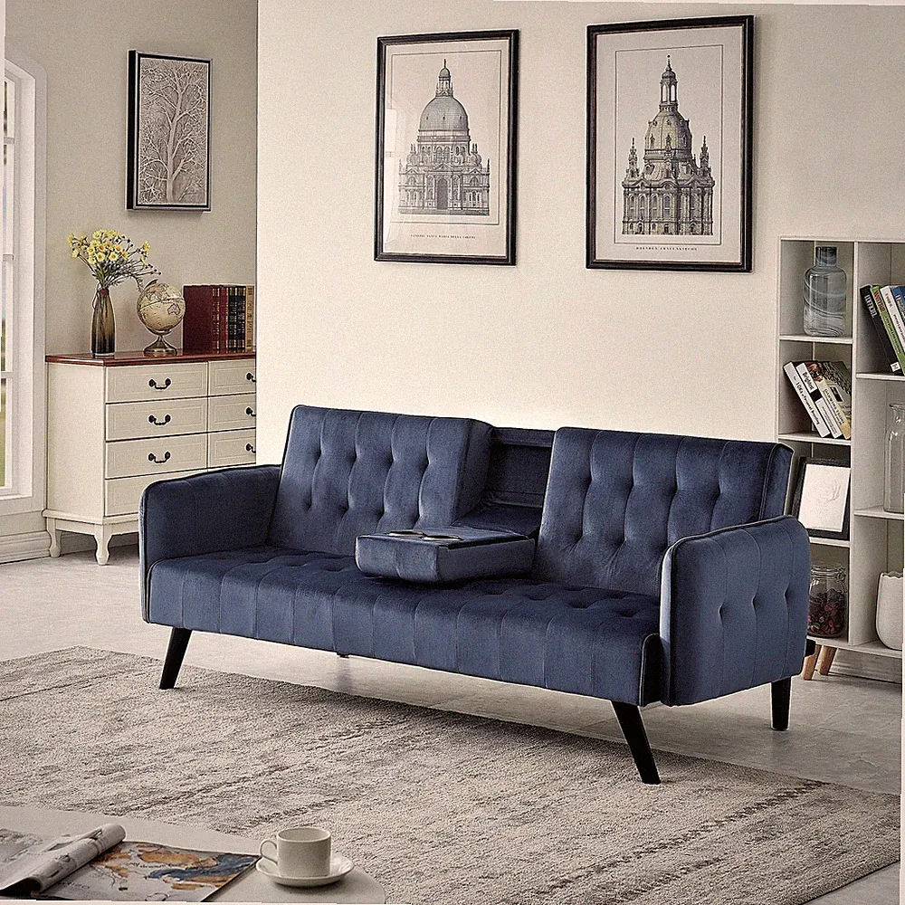 72" Velvet Convertible Sofa Bed with Cup Holders, Tufted Folding Futon Sleeper