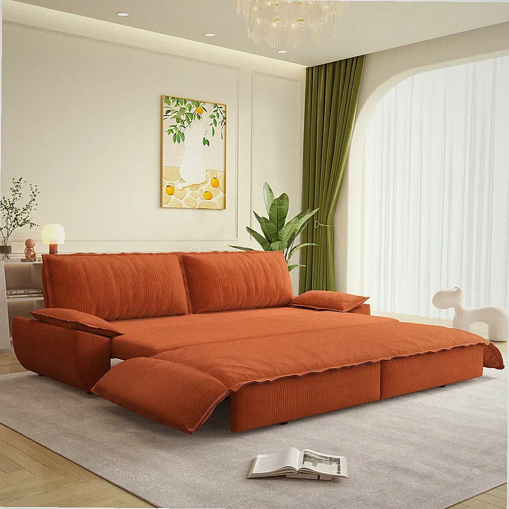 73.2" Queen Pull Out Sofa Bed, 3-in-1 Convertible Sleeper, Corduroy, Orange