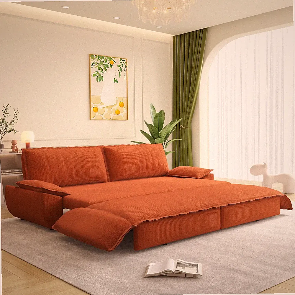 73.2" Queen Pull Out Sofa Bed, 3-in-1 Convertible Sleeper Sofa w/ Chaise Orange