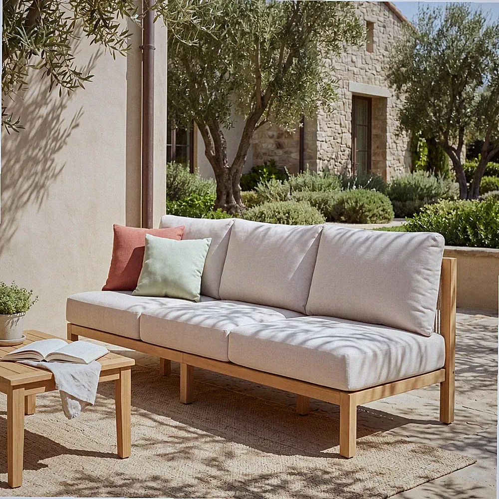 73.23" Acacia Wood 3-Seater Sofa Light Teak Beige Rope & Cushion
