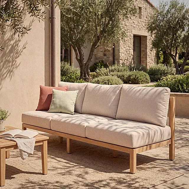 73.23" Acacia Wood 3-Seater Sofa, Light Teak Frame & Beige Cushions