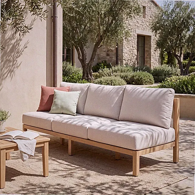 73.23" Acacia Wood 3-Seater Sofa, Light Teak Frame, Beige Rope & Cushion