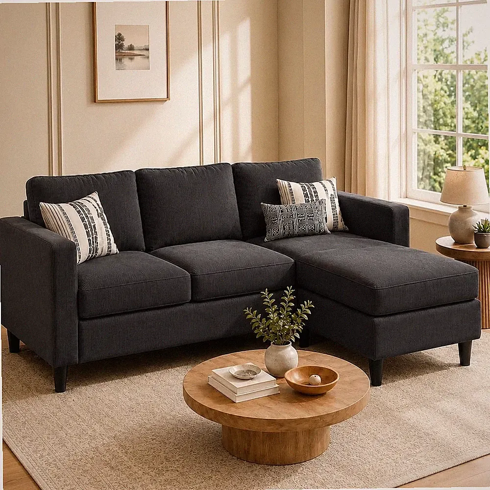 73.6" Convertible L-Shape Sectional Sofa Reversible Ottoman 3-Seater Fabric Gray