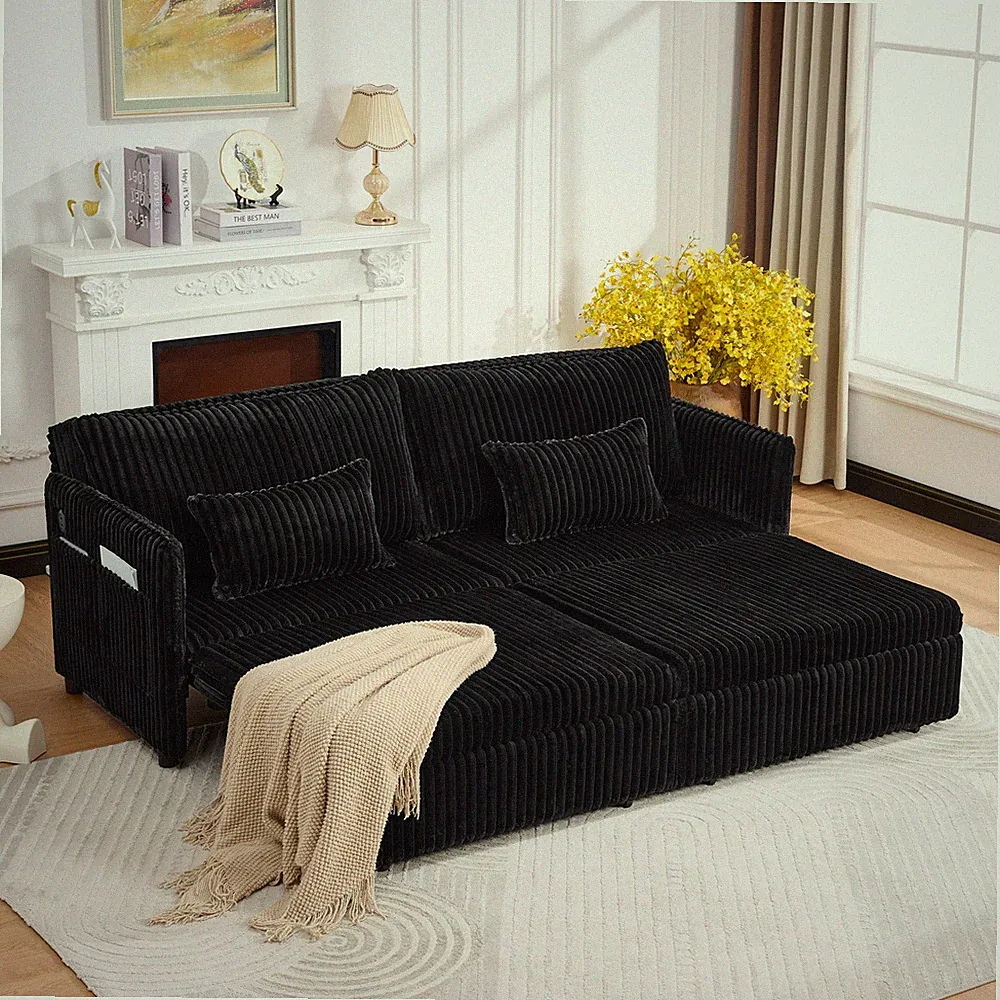 73"Convertible Sofa Bed,Pull Out Bed,3-in-1 Sofa w/Side Pocket& USB Ports,Modern
