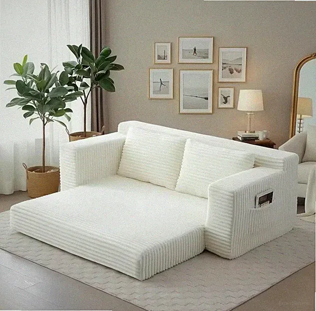 73" Corduroy Pull-Out Sofa Bed, white, striped, side pocket, adjustable cushions