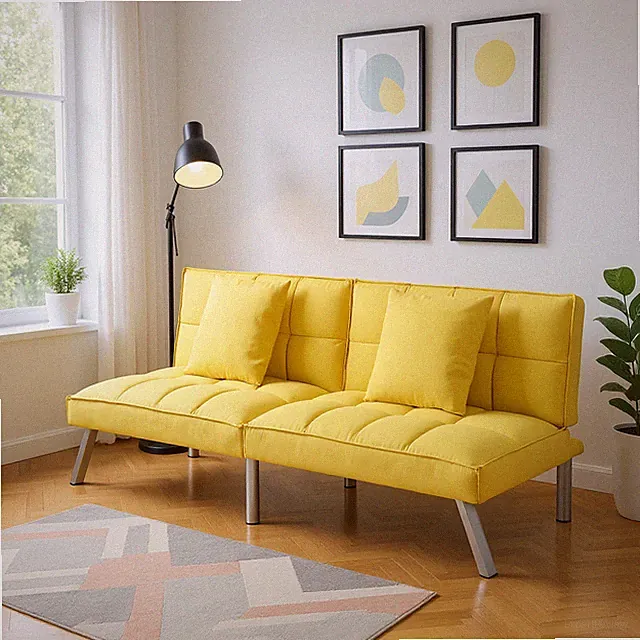 73" Modern Contemporary Velvet Futon Sofa Bed Yellow Adjustable Backrest 5-Angle