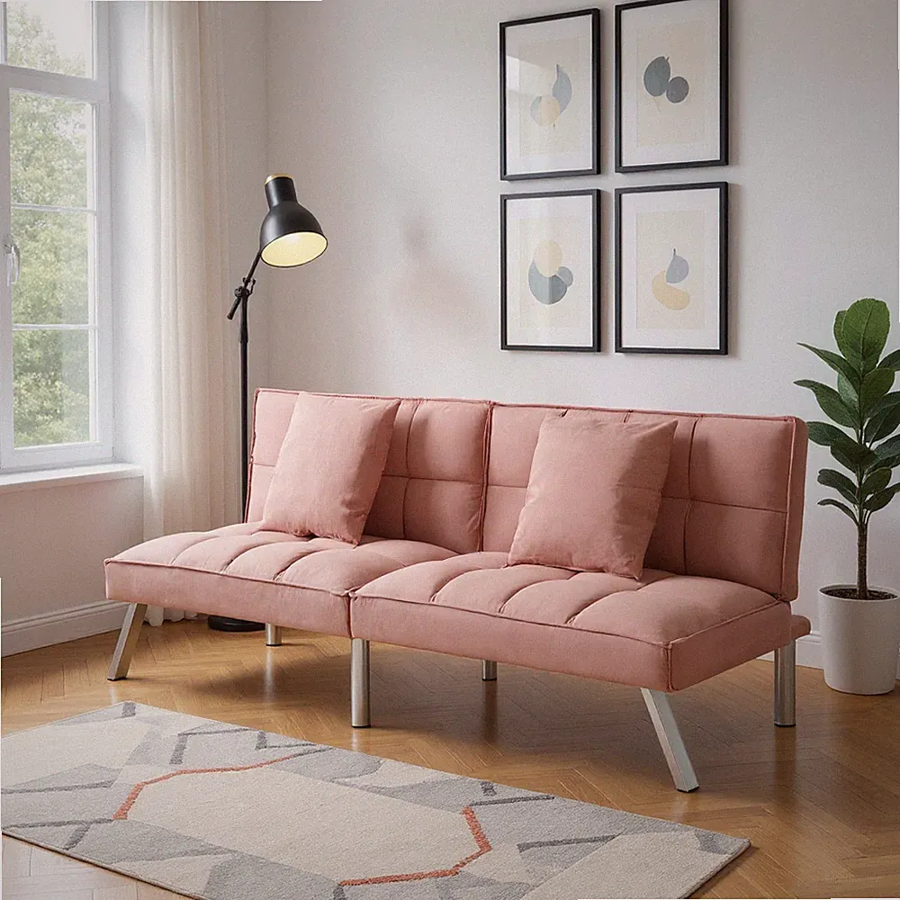 73" Modern Velvet Futon Sofa Bed Pink Adjustable Backrest 5-Angle Sleeper