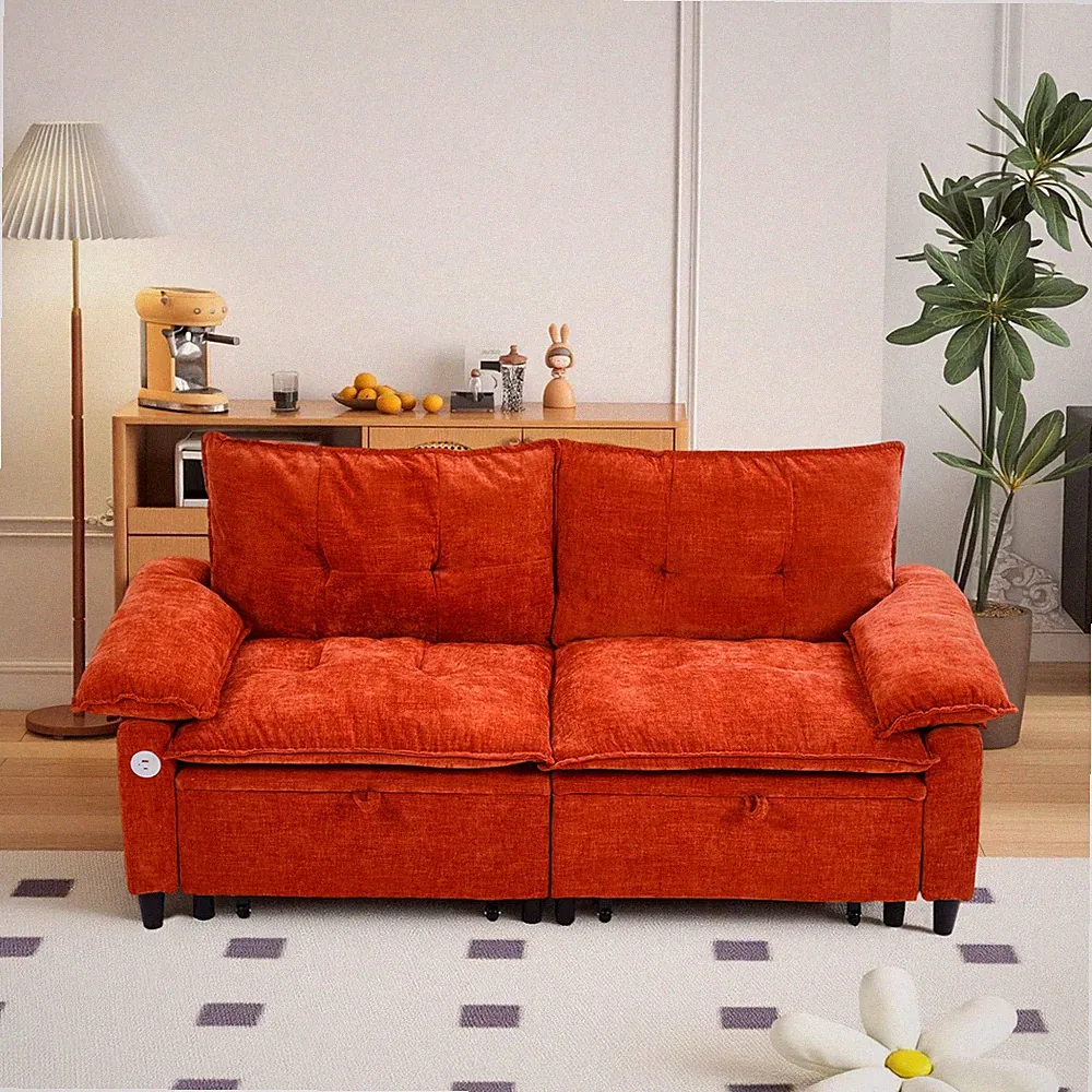 73" Orange Velvet Pull Out Sofa Bed Sleeper Couch with Mattress