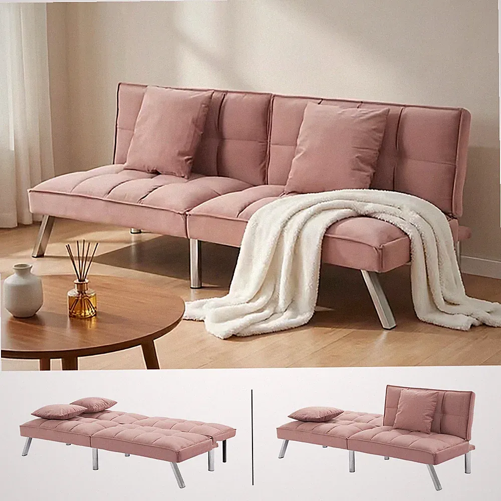 73" Velvet Futon Sofa Bed Pink Split-Back 5-Position Convertible Tufted