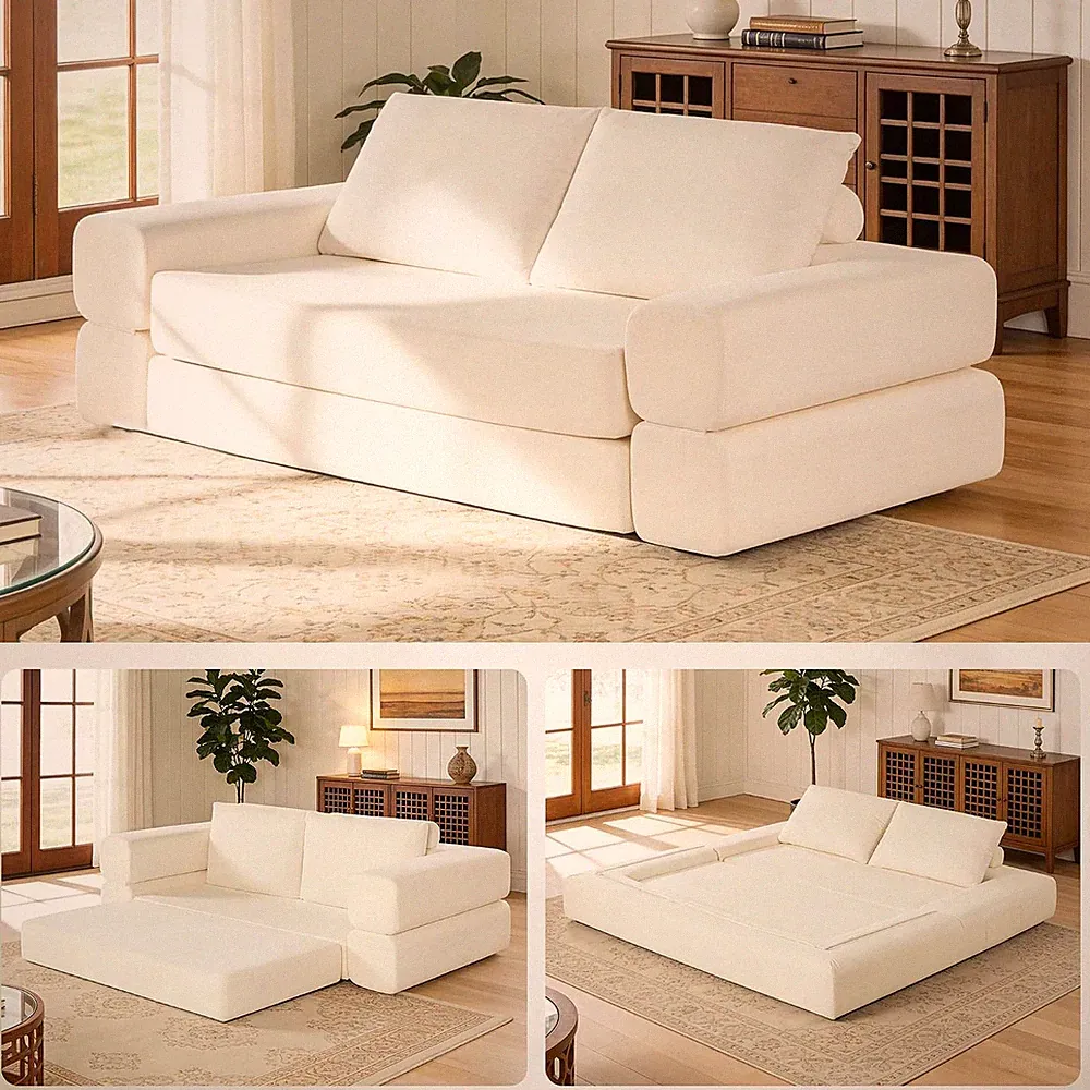 74.1'' Convertible Sleeper Sofa Bed with Pillow & Storage, Chenille Fabric, Whit