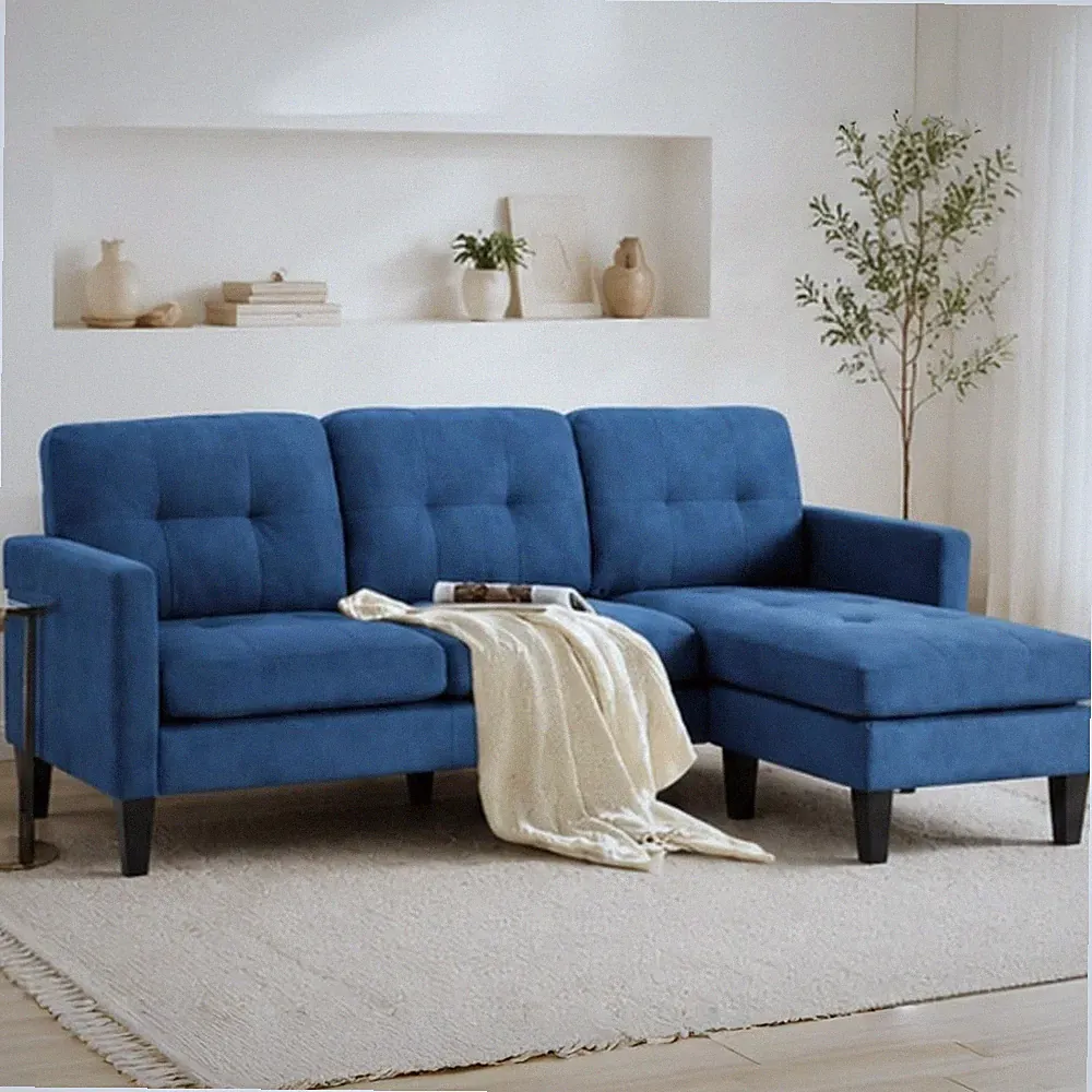 74" Blue L Shaped Sectional Sofa With Chaise Lounge Small Space Apartment Couch