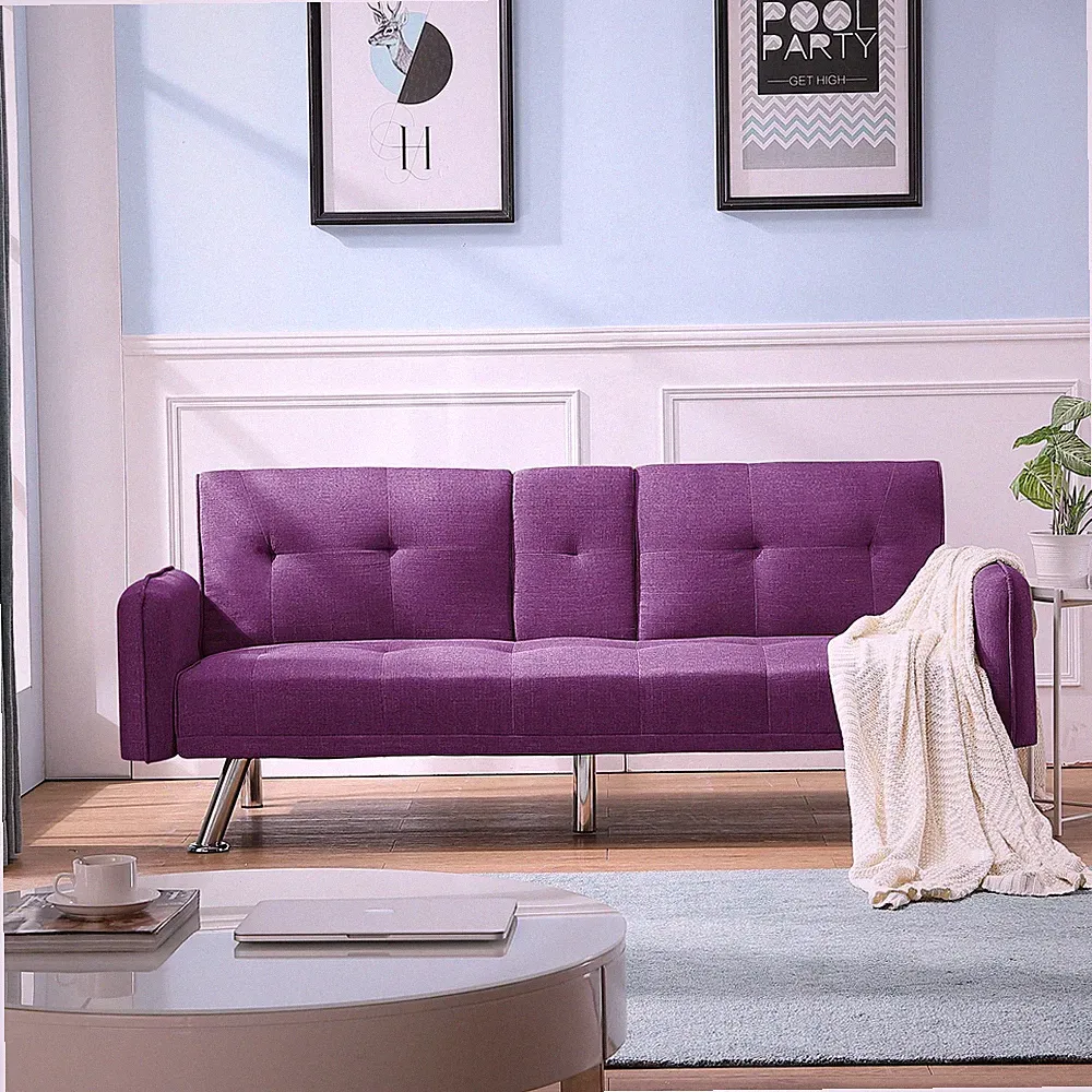 74" Futon Sleeper Sofa Bed Twin w/ Cup Holders Linen Chrome Legs Middle Support