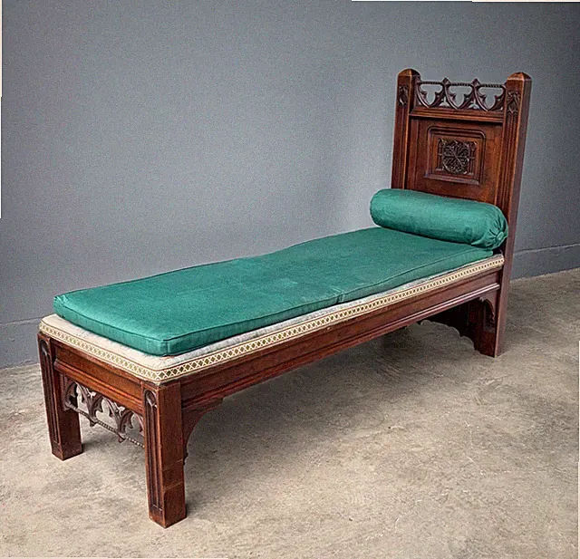 74" Long French Antique Neo Gothic Day Bed Solid Walnut with Green Silk Cushions