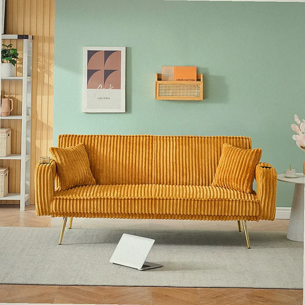 74" Modern Contemporary Corduroy Futon Sofa Bed Orange Loveseat Living Room