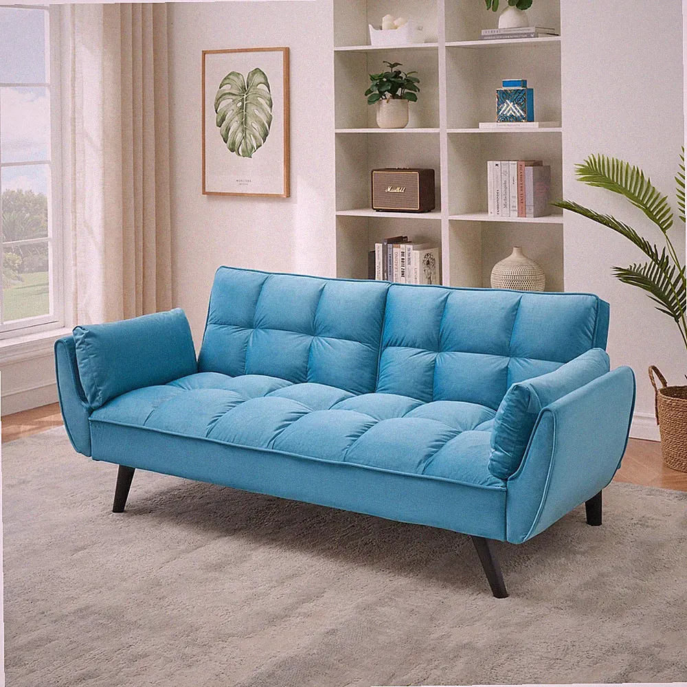 74" Modern Minimalist Velvet Futon Sofa Bed Navy Loveseat Convertible Apartment