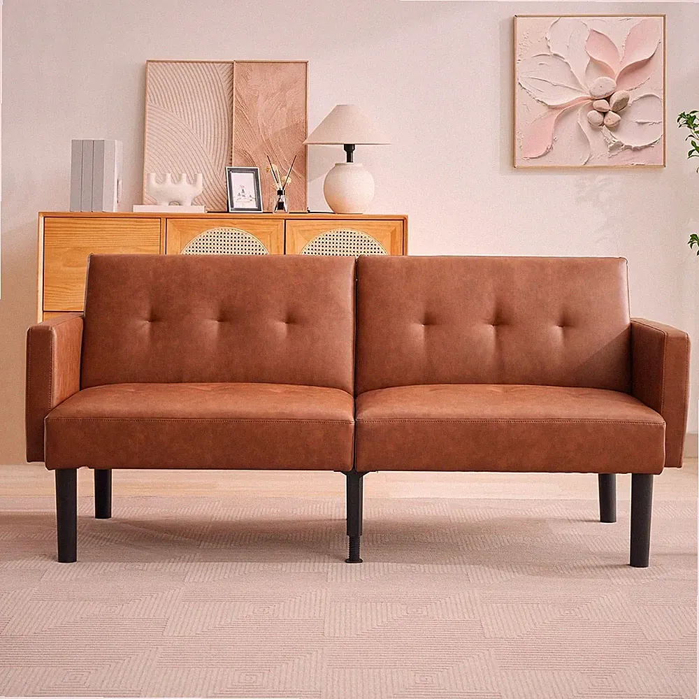 75.5” 3-Position Futon Sofa Bed, 700lb Cap, PU Leather or Linen, Mid-Century
